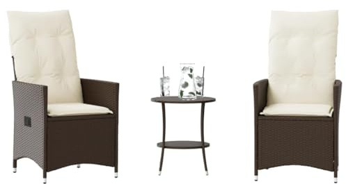 Tonture 3-TLG. Bistro-Set mit Kissen Braun Poly Rattan, verstellbare Gartenstühle, runder Tisch, UV-beständig, für Balkon, Terrasse, Garten