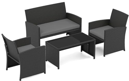 SOARS Salon de Jardin Exterieur en Rotin PE, 4 Personnes (Noir+Gris) | Canape Exterieur avec 2 Fauteuils à Coussins, Table Basse Verre, pour Patio, Balcon, Cour, Charge 360KG+180KG+45KG