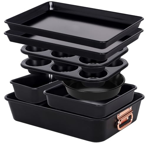 Gr8 Home 8 Piece Stackable Non Stick Bakeware Set Black Carbon Steel Baking Tins Roasting Pan with Rose Gold Handles Oven Safe 250°C Muffin Tray Loaf Pan Oven Trays