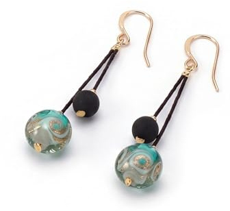 Orecchini in Vetro di Murano, Pendenti con Perle Turchesi e Dorate, Gancio color Oro Rosa, Made in Italy