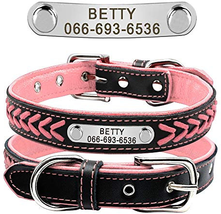 Beirui Personalized Soft Padded Dog Collar with Buckle Comfortable and Stylish Leather Dog Collar for Small Medium Large Dogs with Name Plate(L, Pink 37-47cm)