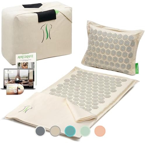 BACKLAXX ® Akupressurmatte mit Kissen, Tuch und Tasche, Akupunktur Matte mit Stacheln zur Massage und Entspannung von Nacken und Schulter, Massagematte Rücken (naturfarben) zur Akupressur