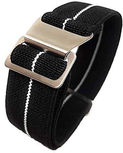 Max French Marine Nationale Elastic Nylon Navy Divers Parachute Watch Straps 20mm 22mm Military Bands (22mm, Black/White)