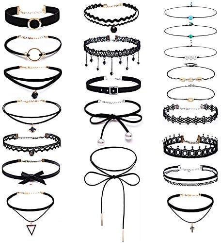 GiantGo Edivoi 21 Stück Choker Halsketten Set Gummi Halsband Tattoo-Kette Schmuck-Sets Damen-Schmuck Velvet Halskette Tattoo Halsband, -16 Schwarzen Samt-Halsketten, -5 Perlen-Perlen-Halsketten