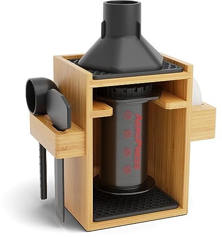 HEXNUB – Compact AeroPress Organizer Stand, Bamboo Coffee Caddy for AeroPress Coffee Maker, Accessories, Filters, Cups, Includes Mats - Black