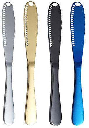 NA 4 Stücke 3-in-1-Buttermesser, Butterstreuer Messer, Butter Schneider mit Wellenschliff, Butter Schneider aus Edelstahl, Zum Schneiden von Butter, Brot, Marmelade, Silber/Gold/Schwarz/Blau