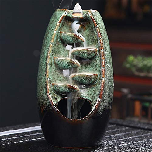 Mayco Bell Räucherstäbchen Halter, Keramik Räucherstäbchenhalter mit 10PCs Rückfluss Räucherkegel, Rückfluss Räuchergefäß Räucherstäbchen Rückfluss (Grün Schwarz)