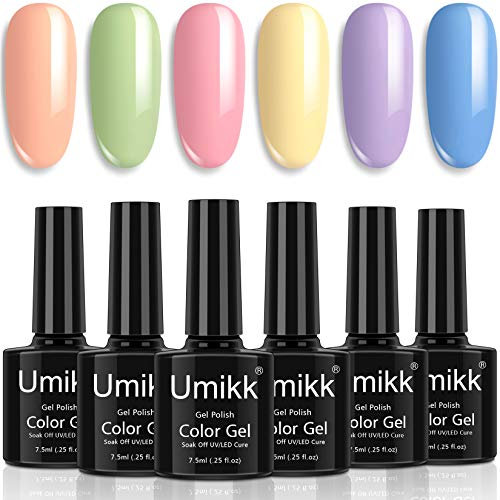 Umikk Nagel Gel Polish Set 6 Pastellfarben Korallengrün Rosa Gelb Lila Blau Frühling Sommer Farbe 7,5 ml UV-LED-Kur für Nagelkunst-Maniküre-Pediküre einweichen