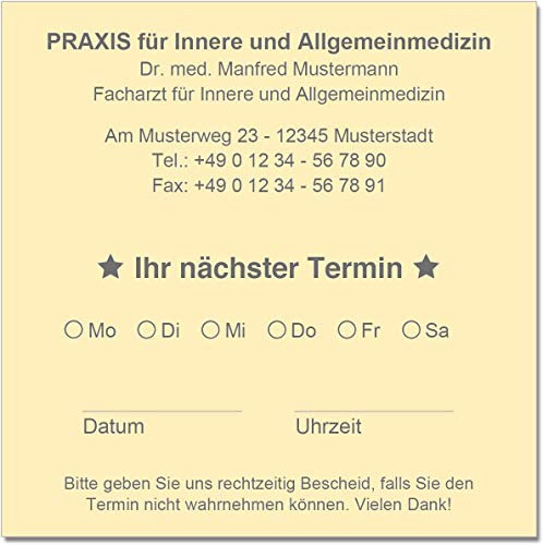 500 Terminzettel Terminkarten nächster Termin mit Ihrer Adresse personalisiert in praktischer Zettelbox mit Stiftehalter 10 x 10 cm (chamois)