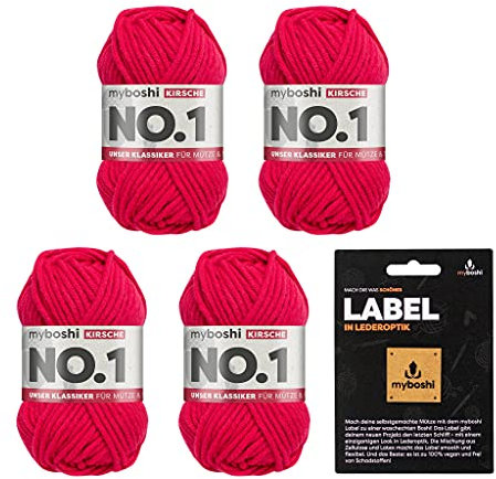 myboshi No.1 Wolle zum Häkeln und Stricken, Schnellstrickgarn, langlebige Mützenwolle, Strickwolle, Häkelwolle, mulesing-frei, Ll. 55m /50g, 30% Wolle (Merinowolle) Rot (Kirsche) 4 Knäuel