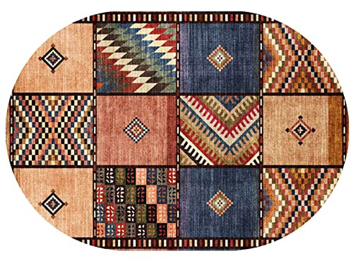 Rururug Teppich Oval 150 x 200 cm Kurzflor Waschbarer Vintage Bodenbelag fürs Wohnzimmer Zimmer deko Schlafzimmer Küche,Braunes Mehrfarben-Patchwork,Oval 150 x 200 cm