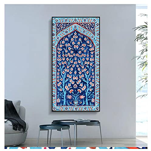 KADING Malerei Drucke Traditionelle osmanische Blumen Wandkunst Bild Leinwand Poster Home Wanddekoration Türkische Fliese Baum des Lebens Aquarell 30x60cm(12x24in) Mit Rahmen