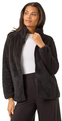 Roman Originals Soft Sherpa Fleece Jacket for Women UK - Ladies Autumn Everyday Winter Holiday Pull-On Comfy Soft Vacation Work Teddy Coat - Black - Size S