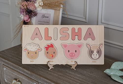 Personalised Montessori Wooden Jigsaw Name Puzzle with 4 Farm Animals Shapes and Letters, Educational Toddler Toys, Birthday Gift, Influent UK