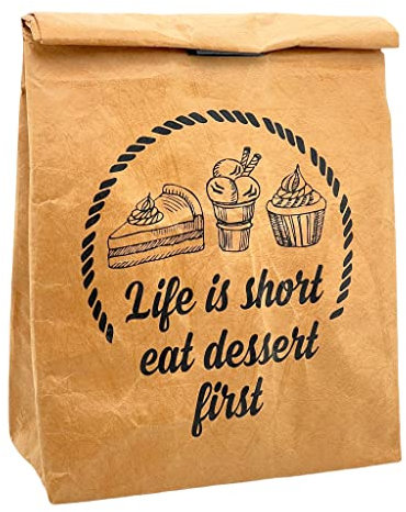 MIK funshopping Pausenbrot-Tasche, Braune Lunchbag isoliert kalt oder warm, Kühltasche mit Klettverschluss, thermische Tasche (Eat Dessert First)