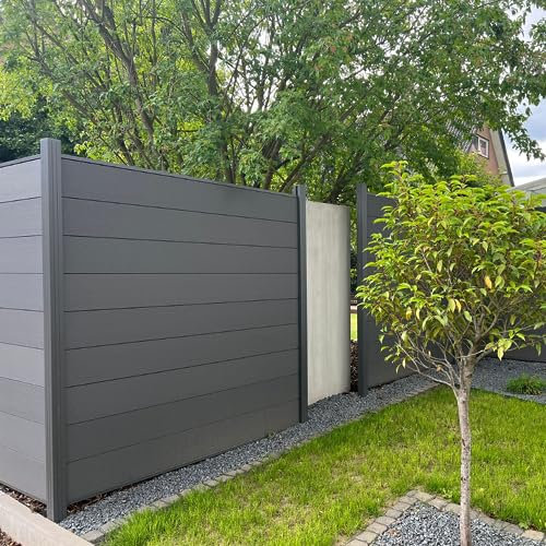 INOSAR WPC Sichtschutzzaun Komplettset Steckzaun Gartenzaun Lamellenzaun 3X Pfosten + 2X Element (BxHxT) 3,81 m x 1,90 m x 7 cm