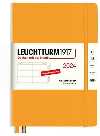 LEUCHTTURM1917 367615 Wochenkalender Medium (A5) 2024, mit Extraheft für Adressen und Jahrestage, Rising Sun, Deutsch, 12 Monate