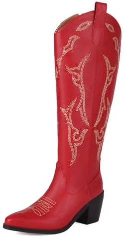 HavueGatue Ricamo Stivali da Cowboy For Donne Cerniera Up Cowgilr Stivali Western Moda Stivali al Ginocchio Rosso Taglia del Marchio 40