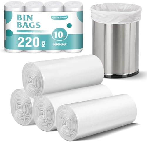 PANSUN Selected 220 Counts Small Bin Bags, 10L Pedal Trash Can Bin Liners for Bathroom,kitchen,Unscented White Garbage Bags