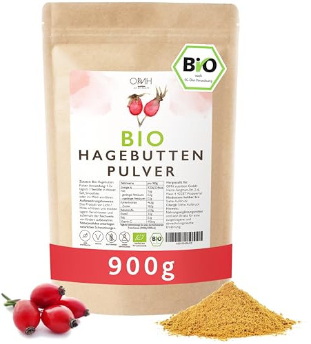 Polvere di rosa canina biologica, 900 g/0,9 kg, 100% vera rosa canina europea, qualità alimentare greggia, rosa canina in polvere
