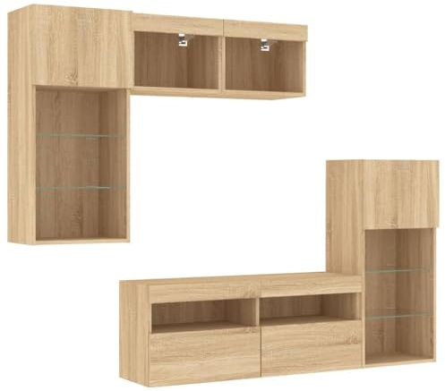 vidaXL Wohnwand 5-TLG., Schrankwand mit viel Stauraum, Anbauwand mit LED-Beleuchtung, Wandmontage Fernsehschrank Wohnzimmer Set, Sonoma-Eiche Holzwerkstoff