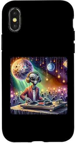 Hülle für iPhone X/XS Alien DJ Under Mirror Ball Moon Plattenspieler Planeten Lichter