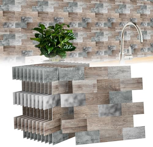 HENGMEI 3D Fliesenaufkleber, Vinyl Wandpaneele PVC Küchenrückwand Klebefliesen Selbstklebende Fliesen für Bad, Küche, 34x29cm, 10 Stück (Farbe H)