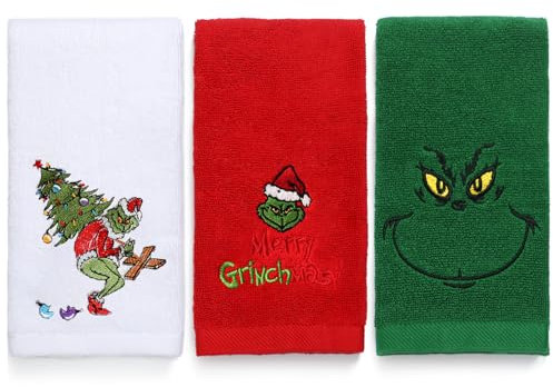 Maracco Set mit 3 Weihnachtshandtüchern, Baumwolle, bestickt, Grin-ch, Badezimmer, Küche, Geschirrtücher, Weihnachtsdekoration, Geschenk, Weihnachten, 35,6 x 73,7 cm