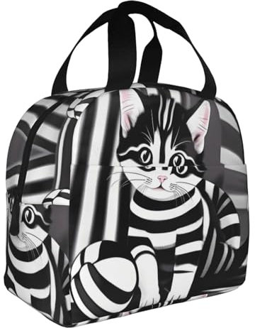 SamLng Lonchera con diseño de gatito a rayas blancas y negras, gran capacidad, reutilizable, para el trabajo, picnic y viajes, unisex