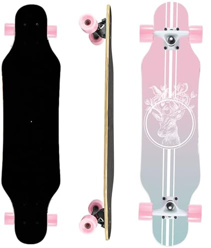 Mini Cruiser Longboard, 31 Inch Small Size Wide Wheel Skateboard, Beginner Stable & Easy-to-Control Skateboard, Suitable for Park & Street Riding, Unique Flame Pattern (Pink)