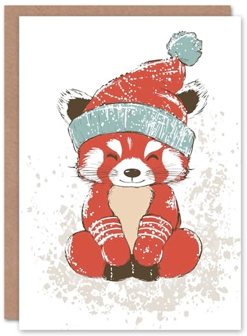 Artery8 Cute Red Panda With Winter Hat Cartoon For Child Kids Christmas Card