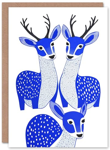 Wee Blue Coo Greeting Card Reindeer Family Bright Blue Modern Folk Art Blank For Him Or Her Art Xmas Christmas Card