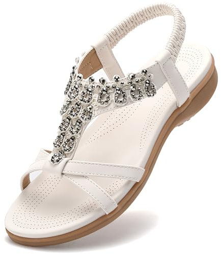 Littleplum Damen Sandalen Sommer Freizeit Flach Sandalette mit Strass Perlen Bohemia Strand Schuhe,A Weiß 40 EU