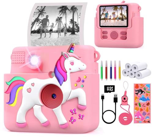 FUNKAM Cámara Fotos Infantil Instantánea,- 2,4 HD 1080P- con Tarjeta SD 32GB, 5 Rotuladores, Pegatinas, 5 Rollos de Papel, Colgante. Cámara Niños y Niñas de 3 a 14 años. (Rosa)