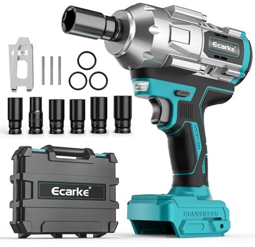 Ecarke Visseuse à percussion sans fil 1300 Nm avec écrou pour batterie au lithium Makita 18 V, visseuse à percussion sans balais 1/2 avec lumière LED et 6 douilles pour pneus de voiture, construction