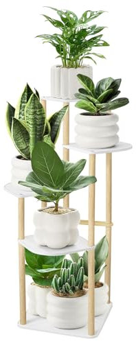 SUNDOY Plant Stand, Solid Wood Flower Shelf for Indoor/Outdoor, Plant Display Rack for Living Room, Bedroom, Balcony, Garden, Patio, Multi-Purpose Flower Pot Holder (5-Tier-White-Oak)