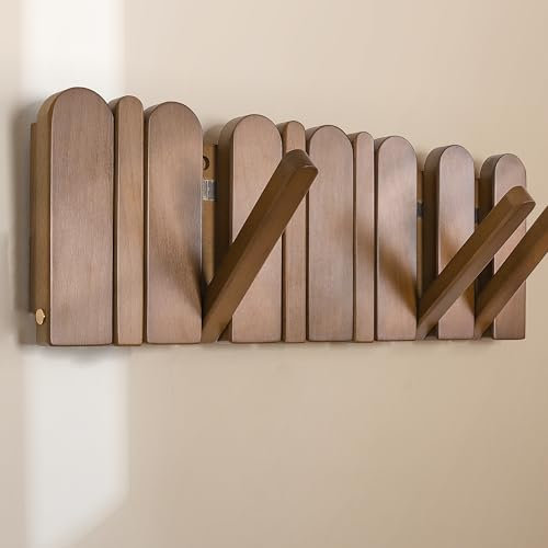 KINGSOW Flip Down Coat Rack: 6-Hooks Magnetic Wooden Modern Wall Mounted for Hanging Hats Jackets - Space Saving for Hallway Bedroom
