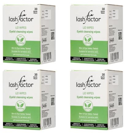 Lashfactor Eyelid Cleansing Wipes for Daily Eyelid Hygiene & Tired and Dry Eyes - Plant Based, Individually Wrapped Eyelash Wipes, Natural Makeup Remover - 30 Wipes (Pack of 4)