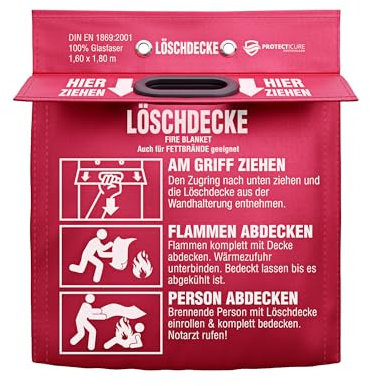 Protecticure Hochwertige Löschdecke 1,60 Meter x 1,80 Meter - ORIGINAL Brandschutzdecke nach DIN EN 1869 - Für Brände in der Küche/Löschdecke für Zuhause - Küchenbrände - Feuerlöschdecke