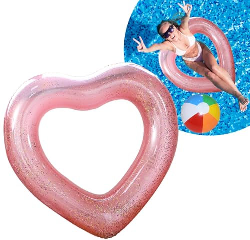 Salvagente gonfiabile per adulti, 120 cm, a forma di cuore, galleggianti per piscina con paillettes, anello galleggiante trasparente, anello galleggiante per ragazze e donne, spiaggia, estate, piscina