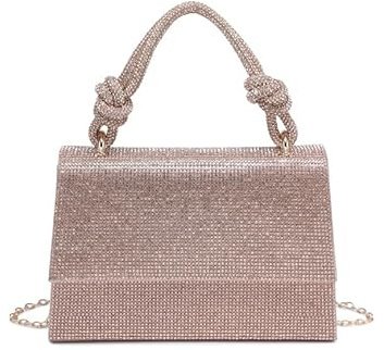 JFY Flap Rhinestone Embedded Knots Top Handle Diamante Clutch Bag (Rose Gold)