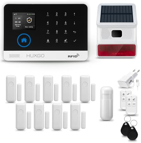 HUXGO® HXA003 Funk Alarmanlage Set WiFi + GSM 4G mit Alarmsirene Solar | Alarm System mit Bewegungsmelder, 9X Fensteralarm/Türsensoren | Alarmanlage fürs Haus, Wohnung, Wohnmobil | Smart Home
