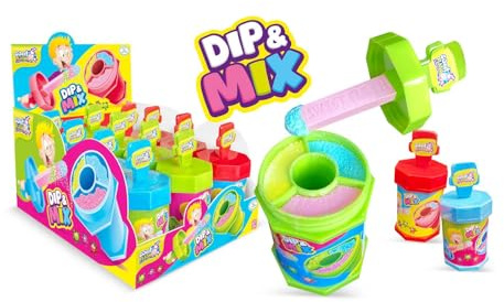 Dip & Mix Schleckpulver Lutscher 12er Display – Lutscher mit 3 Pulvern (Erdbeer, Apfel, Himbeer) im wiederverschließbaren Becher – Kinder Mitgebsel