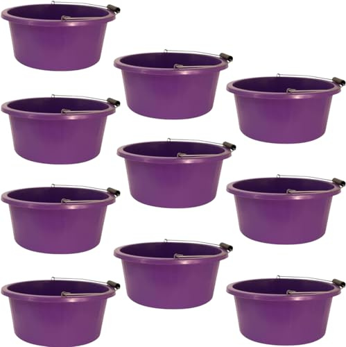 Shallow/Feeder Bucket – 15L (3 Gallon) Heavy-Duty Multi-Purpose Tub with Strong Gripper Handle-Stackable & Durable Variants-Stable for horses or plaster bucketPurple Pack of 10