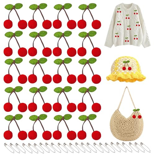 XCSJ 20 Pcs Kirsche Deko, Mit Sicherheitsnadel (Rot + Grün) | Kostüm Accessoires, Dekoration kleine Filz Kirsche für DIY, Kleidung,Handwerk Zubehör