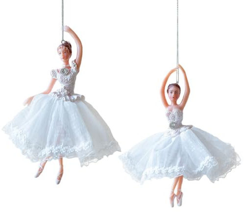 Fyearfly Weiße Ballettmädchen-Ornamente, elegante Ballett-Tänzerin, Weihnachtsbaumschmuck mit Tüllrock, hängende Figuren für Ferienhaus-Dekoration, 2 Stück