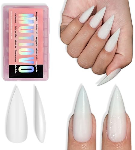 MUTIOVO Medium Sharp Stiletto Nail Tips 224 Pcs, Solid Pure Color MILKY WHITE Soft Gel Press on Nails, Pre-Colored Full Cover Artificial Fake Nails for Home DIY & Salon, 16 Sizes