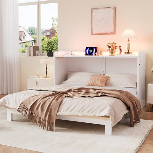 Rosebibi Armario cama, 140 x 200 cm, debajo de la cama se encuentran cajones, con USB y enchufe, barra de luz LED, con placa brillante, cama con plataforma convertible, sin colchón, color blanco