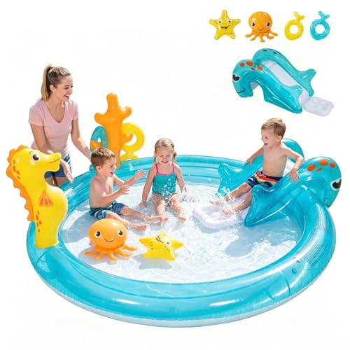 HOMASIS aufblasbarer Planschbecken mit Rutsche, Sprinkler & Ringwurfspiel, Meerestiere Wasserspielcenter, 198 L Kinderpool Babypool mit Poolrutsche, für Kinder 2–6 Jahre, 178 x 157 x 67,5 cm