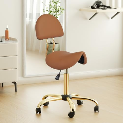 Bonnlo Sattelhocker mit Lehne Abnehmbar, Rollhocker Höhenverstellbar 48-63cm, Bürohocker mit Rollen 360°, Rollhocker Ergonomisch 180 KG Tragkraft für Salon/Büro/Bar PU-Leder (Braun-Gold, 40x34x91)
